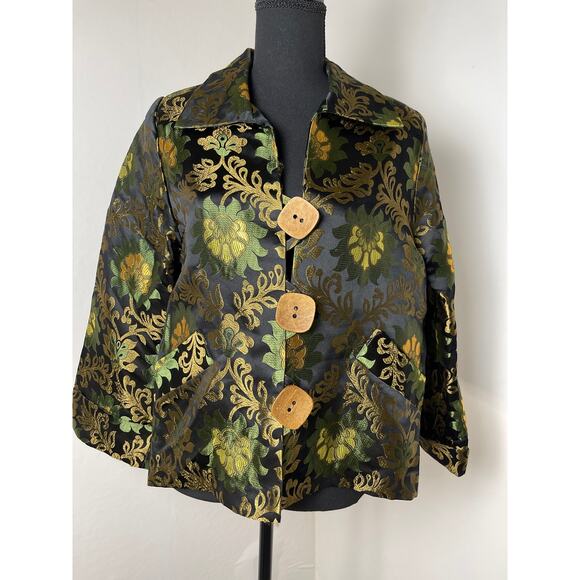 VTG Caroline Rose Women's Gold Floral Silk Abstract Artsy Lux Blazer Black M - Picture 1 of 14